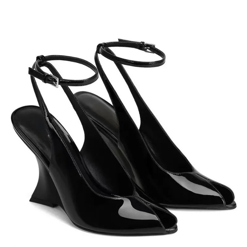 

European and American Women's French Style Fish Mouth Banquet Shoes 2026 Spring and Summer Cross Buckle Sandals with Wedge Heels