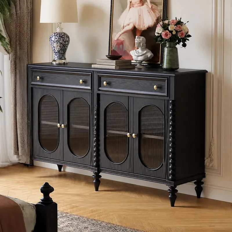 Retro Solid Wood Dining Side Cabinet Modern Simple Wall Mounted Storage Unit American Light Luxury Glass Door Entryway
