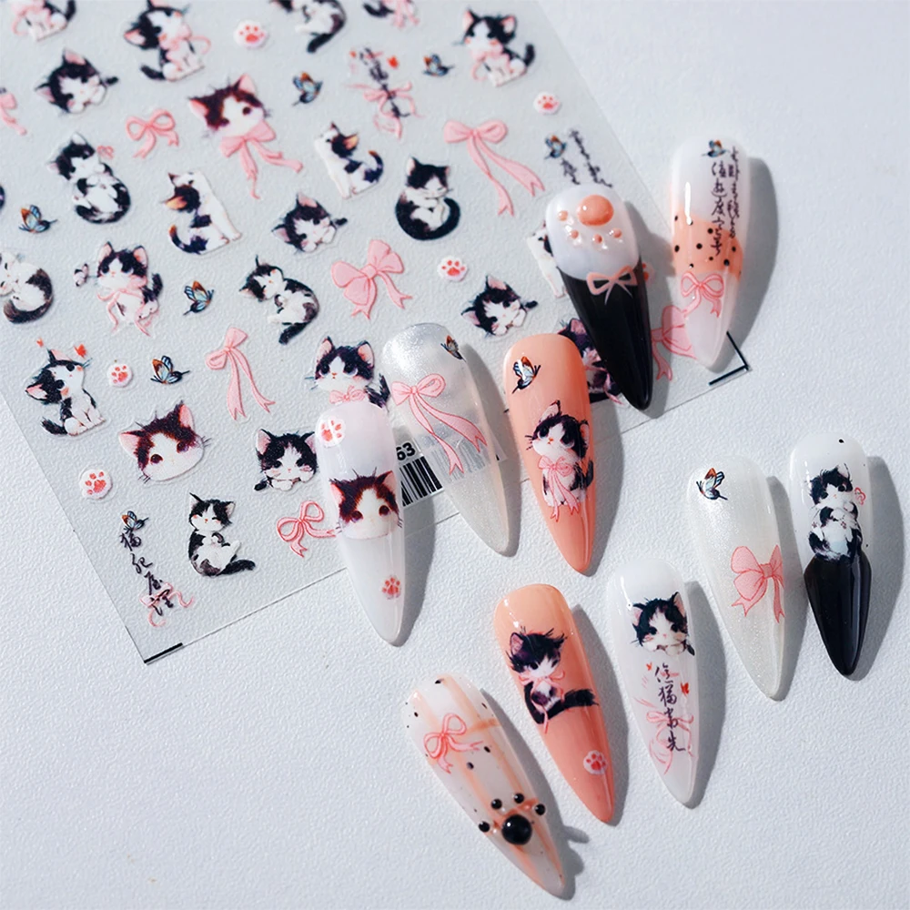 1Pcs 5D Lovely Kitten Cat Nail Art Stickers Funny Kitten Catching Butterfly Self Adhesive Nail Decals Manicure Decoration Decals
