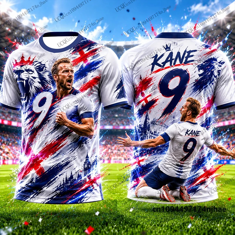 Nouveau Maillot de Foot 2026 Spécial Kane N°9 Imprimé – T-shirt Homme Été Supporters Angleterre Entraînement Sportif Décontracté Enfants/Adultes