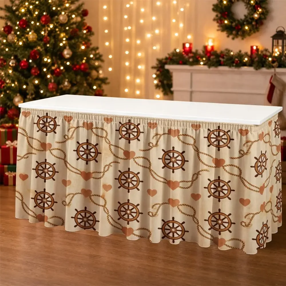 One-piece party table skirt decoration featuring a nautical-style ship wheel and heart-patterned ruffled edge tablecloth