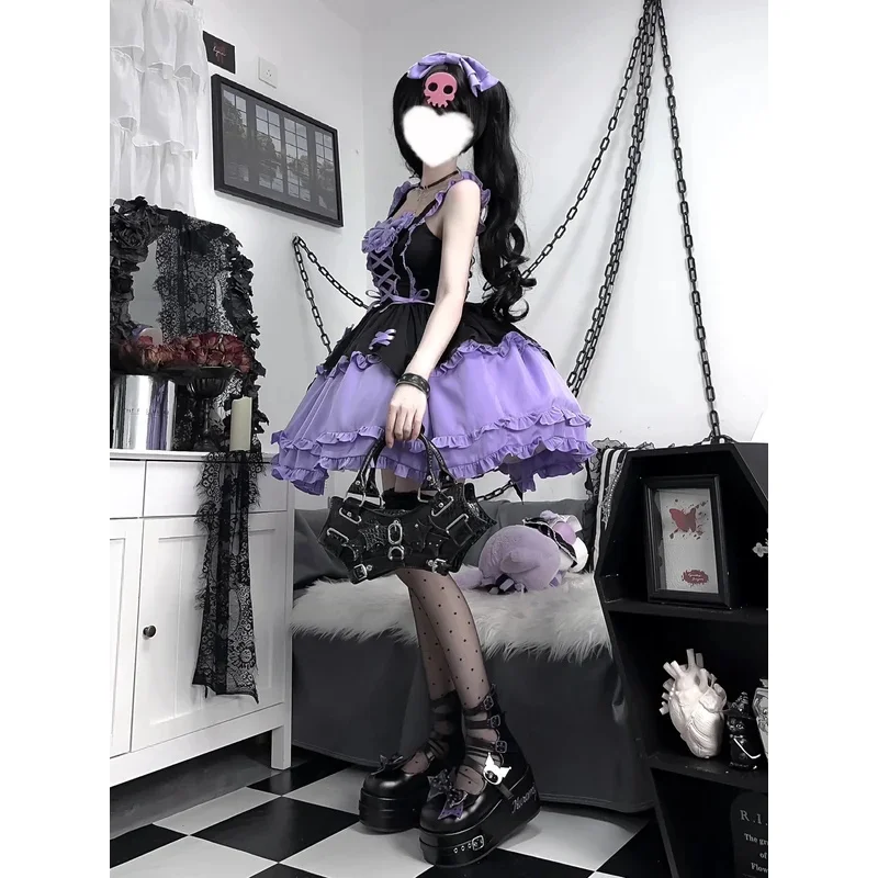 

ss23Japanese Korea Fashion Kawaii Girl Puff Short Sleeveless Princess Dress For Women Lolita Laminated Flounces Mini Dresses Sli