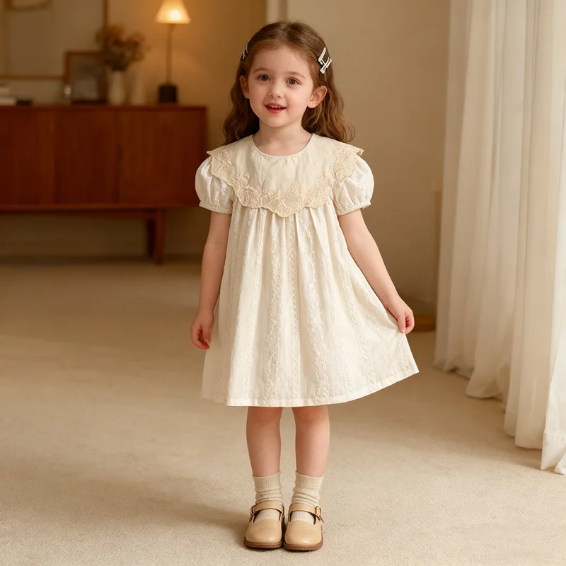 

Летнее платье для девочек в стиле Y2K с вышивкой и воротником-стойкой, хлопковое, с коротким рукавом, модное детское платье для малышек