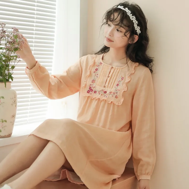 

Spring Summer Women's Round Neck Long Sleeve 100% Cotton Pajamas Comfortable Breathable Loungewear