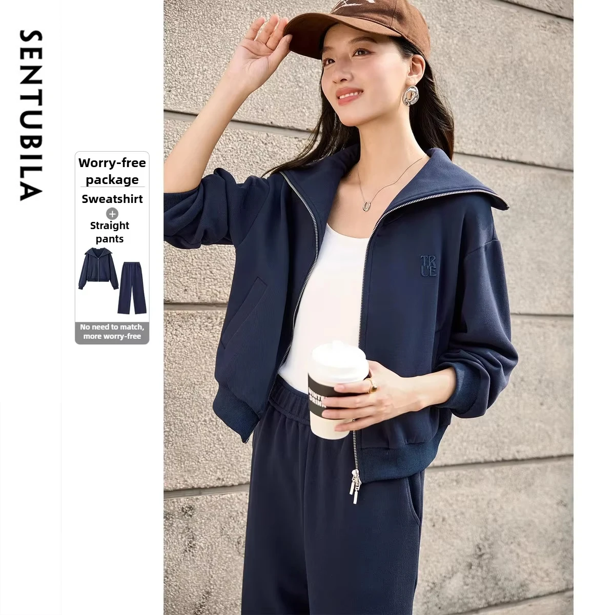 

SENTUBILA Autumn Women's Pants Set Letter Embroidery Loose Long Sleeve Sweater Straight Casual Trousers Two Piece Sets 153ZF2482