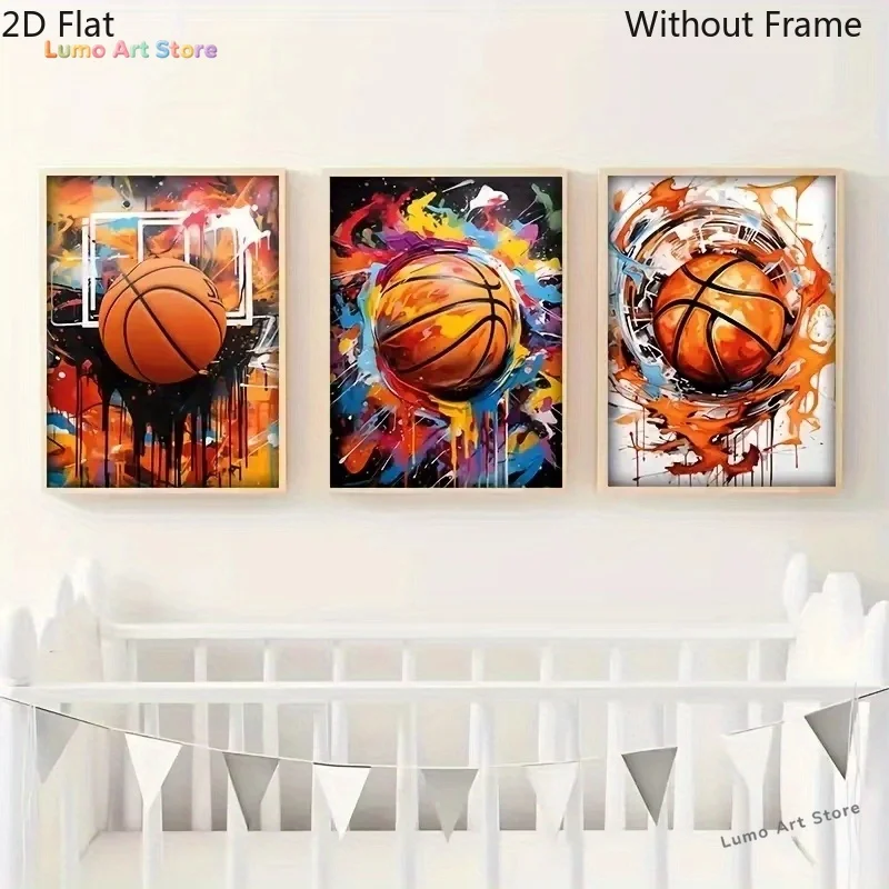 2D Flat, 2D Flat, 2D Plane Three-Piece Basketball Graffiti Art Decorative Painting, Wall Art Canvas Print, Living Room Home D