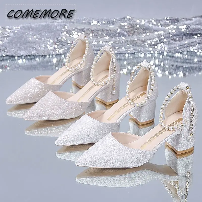 Elegant Ladies Pointed Toe Pearl Wedding Shoes Bride String Bead Ankle Strap Pumps Comfortable Thick High Heels for Women\'s 2024