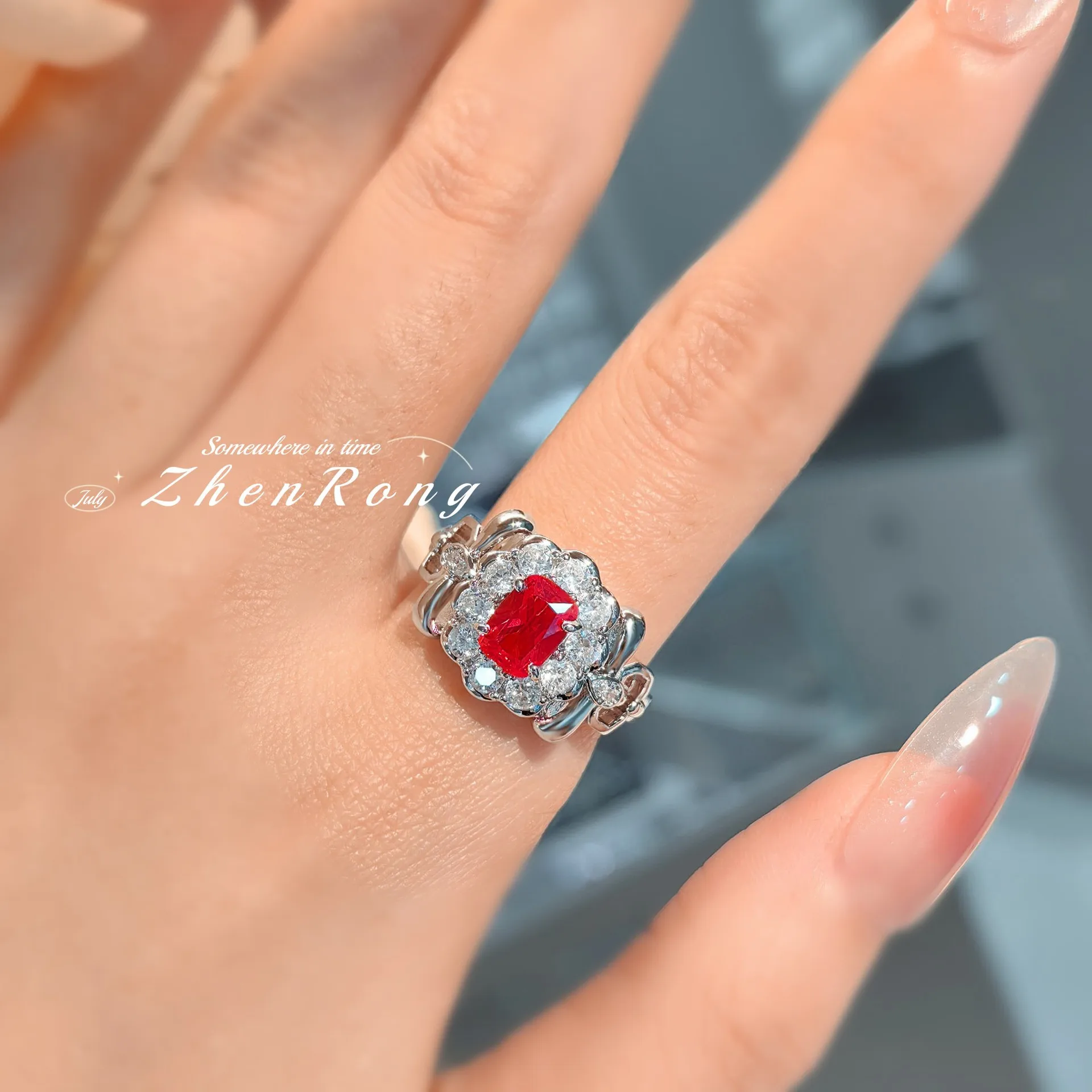 S925 sterling silver ring fashion light luxury bow red corundum retro with high carbon diamond women's ring