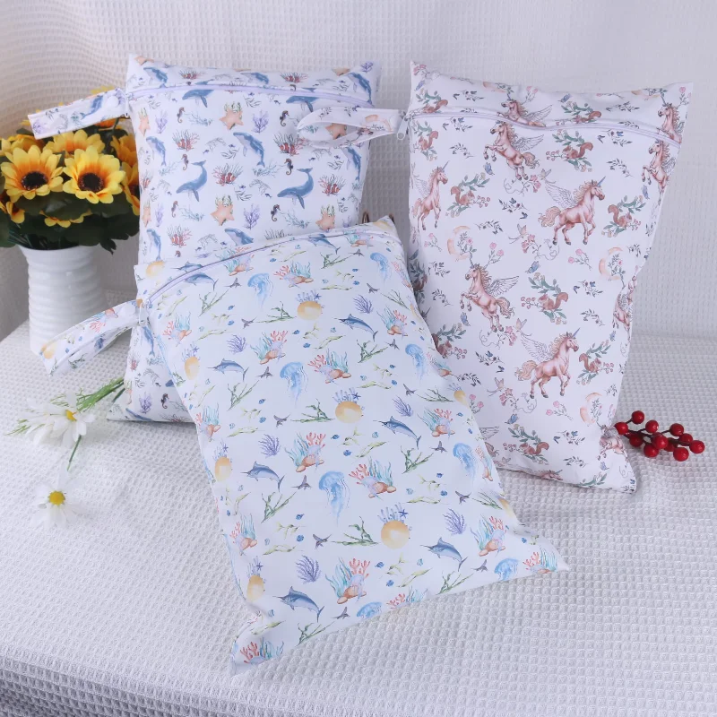 2Pcs Reusable Baby Wet Bagdiaper Bag Large Capacity Waterproof Washable Storage Bag Zippered Toiletries Outdoor Cosmetic For Mom