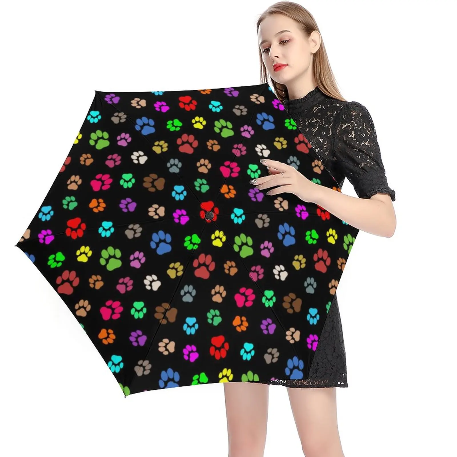 Colorful Dog Pow 5 Fold 6 Ribs Umbrella Multicolored Paws Print UV Protection Pocket Umbrella Mini Umbrellas for Male Female