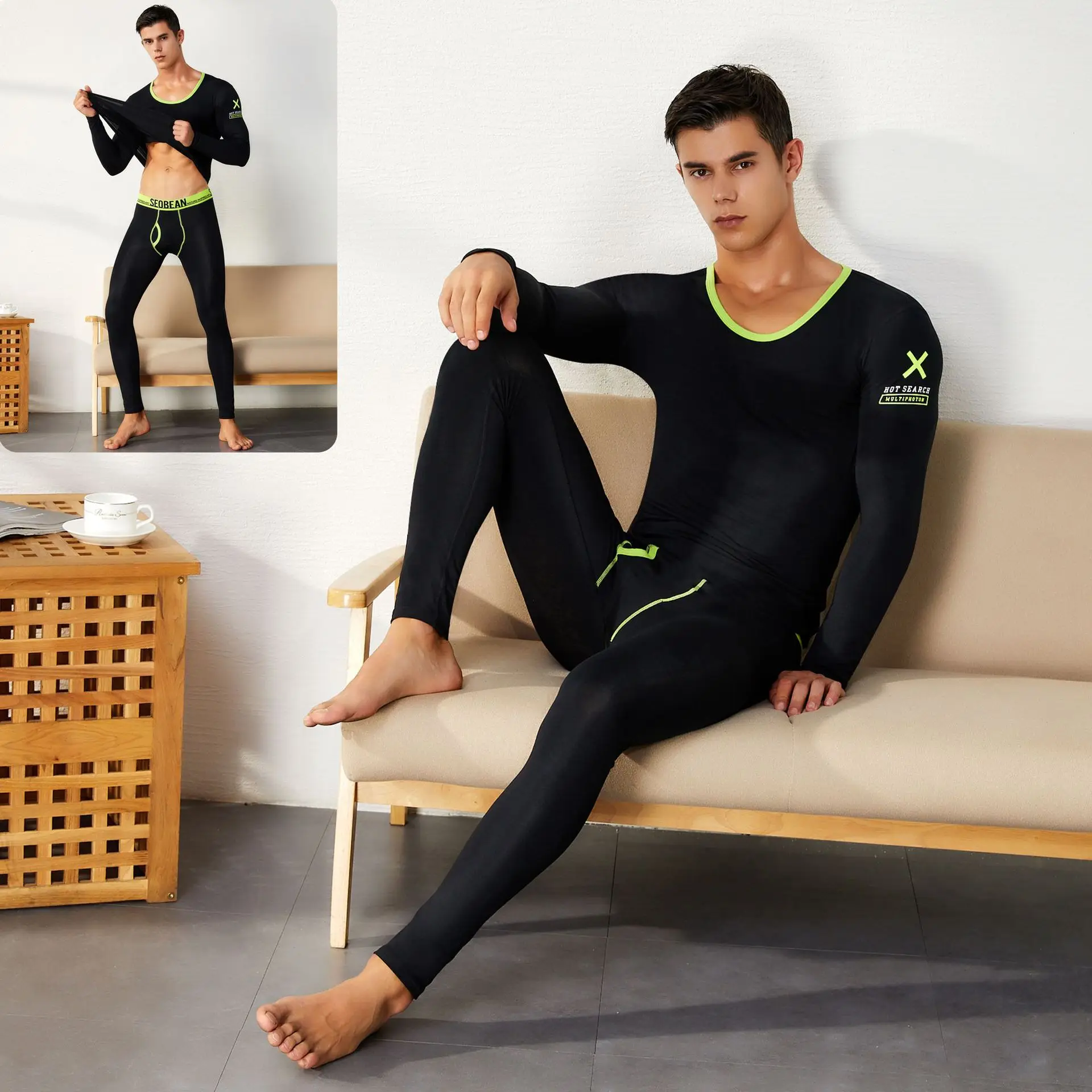 Men's Cotton Thermal Underwear Set Bottoming Cotton Trendy Youth Thin Men's Long Johns White Round Neck Pullover