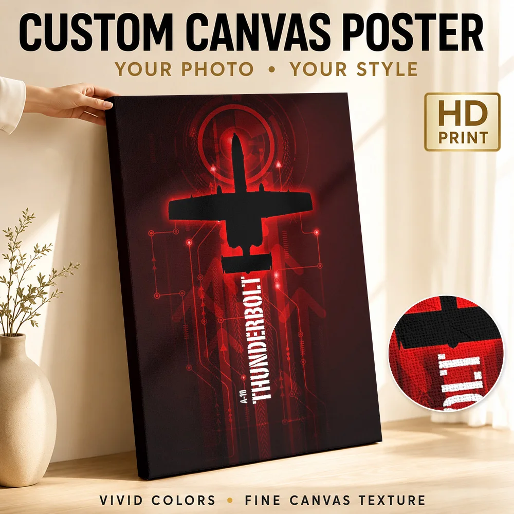 A10 Thunderbolt Aircraft Silhouette Framed Canvas Poster Customized Photo Red Outline On Black Wall Art For Bedroom Pilot Gift