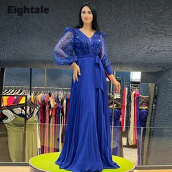 Eightale Royal Blue Evening Dress for Wedding Party Chiffon V-Neck Glitter Arabic Pleats A-Line Prom Gowns Customized Dress