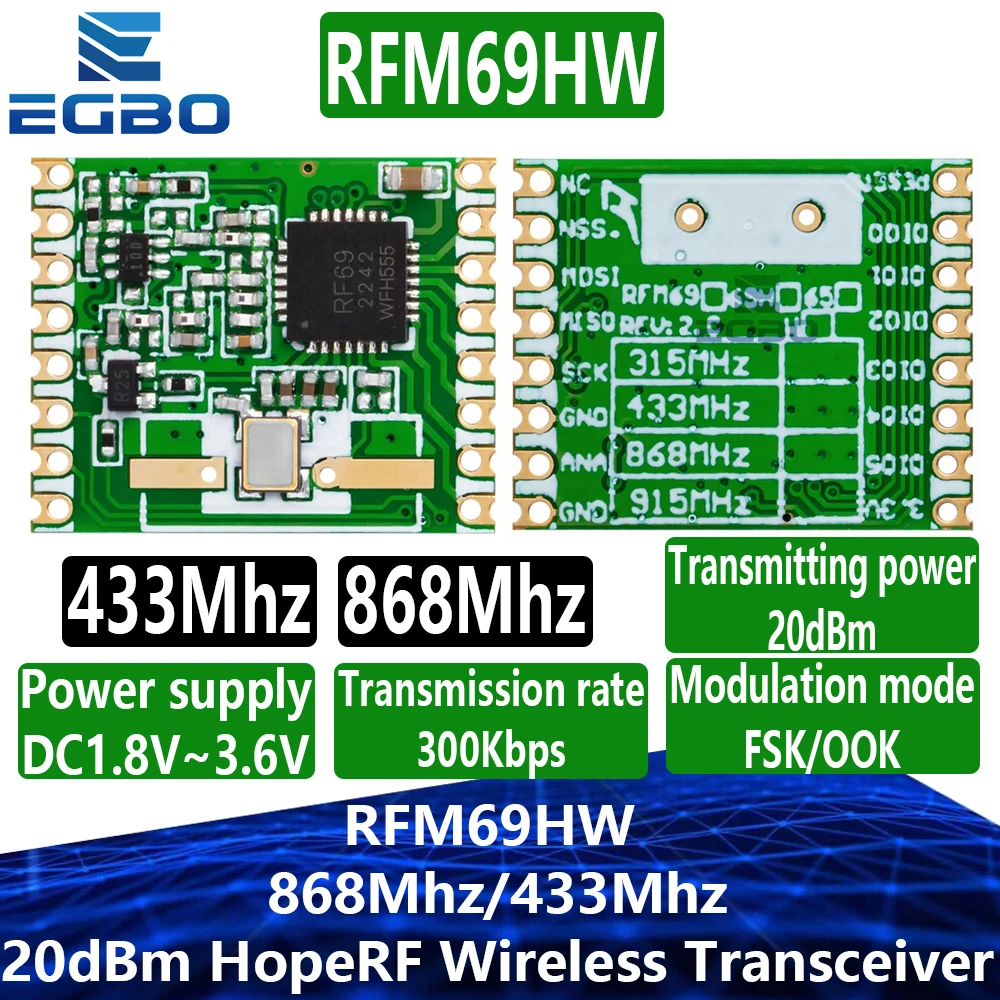 1~5PCS EGBO RFM69HW 868Mhz/433Mhz/915Mhz + 20dBm HopeRF Wireless Transceiver 868S2 Module For Remote/HM