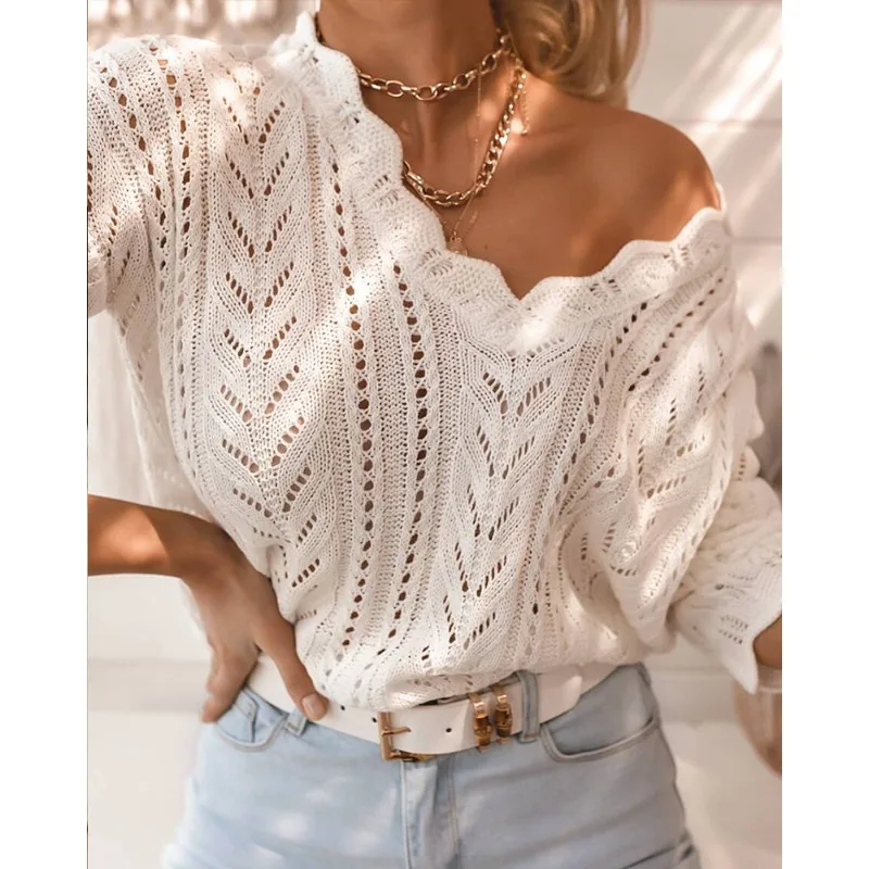 Women's Solid Loose Hollow Out Sweater 2023 Autumn Knitted Top New Women's Sexy Long Sleeve Off Shoulder V-neck Pullover Sweater