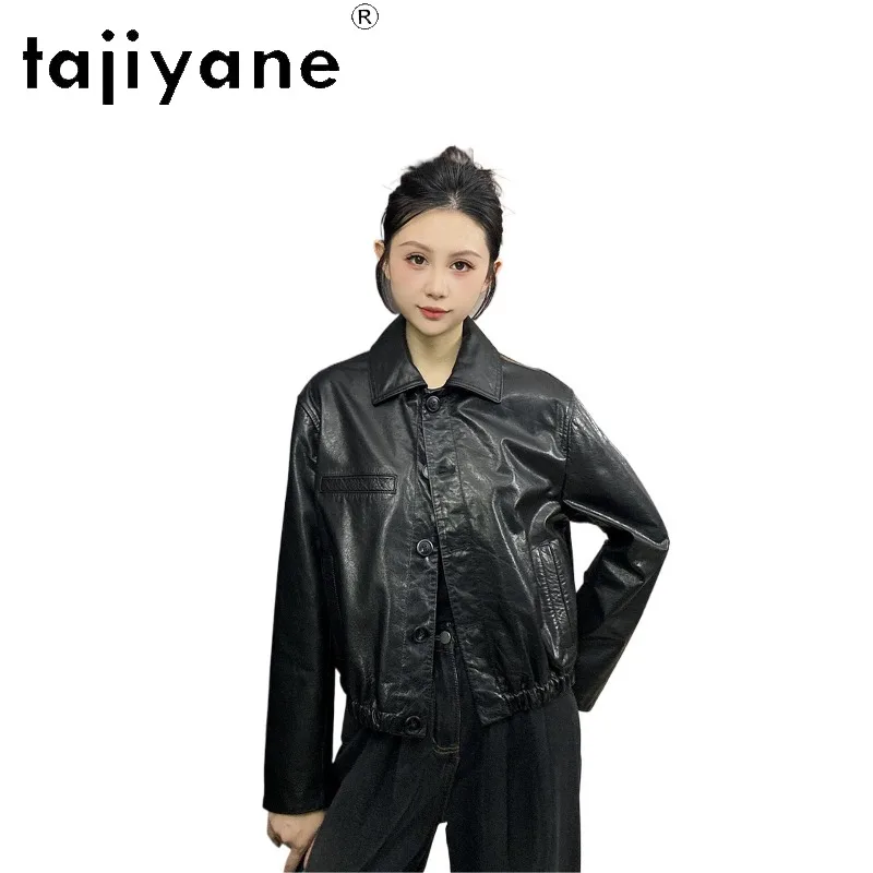 TAJIYANE Oil Waxed Cowhide Genuine Leather Jacket Woman Short Outerwear Slim Leather Coat Motorcycle Jackets for Woman Chic 자켓