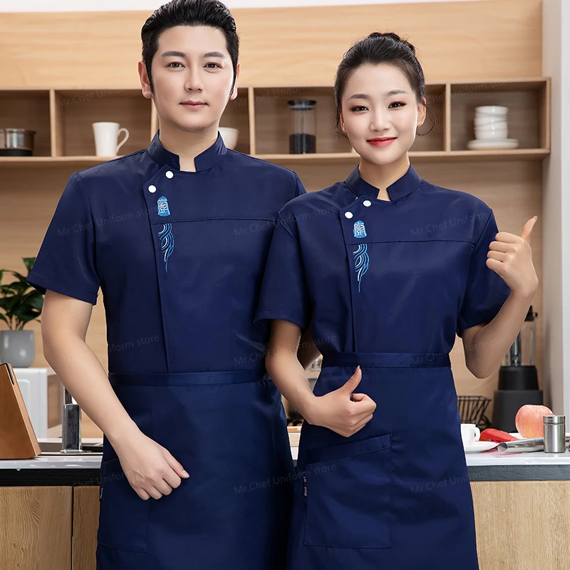 zwarte heren koksjas met korte mouwen keuken chef-kok jas ademend mesh chef-kok uniform met schort restaurant werkkleding op maat