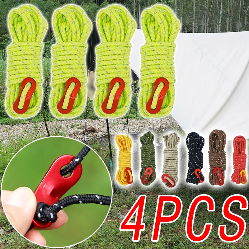 4PCS Durable Camping Tent Ropes Reflective Windproof Reinforced Canopy Accessories with Safety Buckles for Outdoor Tent Tarp