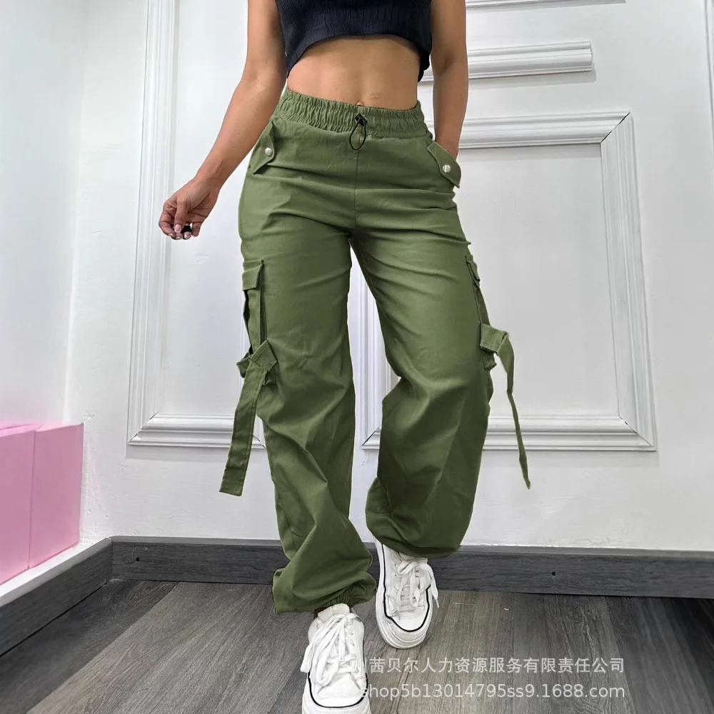 Mulheres simples bolsos laterais calças de carga ativa casual cintura elástica perna reta calças com punho moda verão