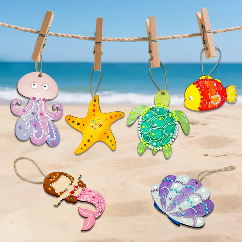 

Wooden Ocean Painting Mermaid Octopus Shell Koi Sea Turtle Starfish DIY Wooden Jewelry Pendant