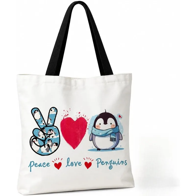 Peace Love Penguins Cute Scarf Penguin Peace Sign Heart Canvas Tote Bag Reusable Eco Shopping Bag Gift For Penguin Lovers