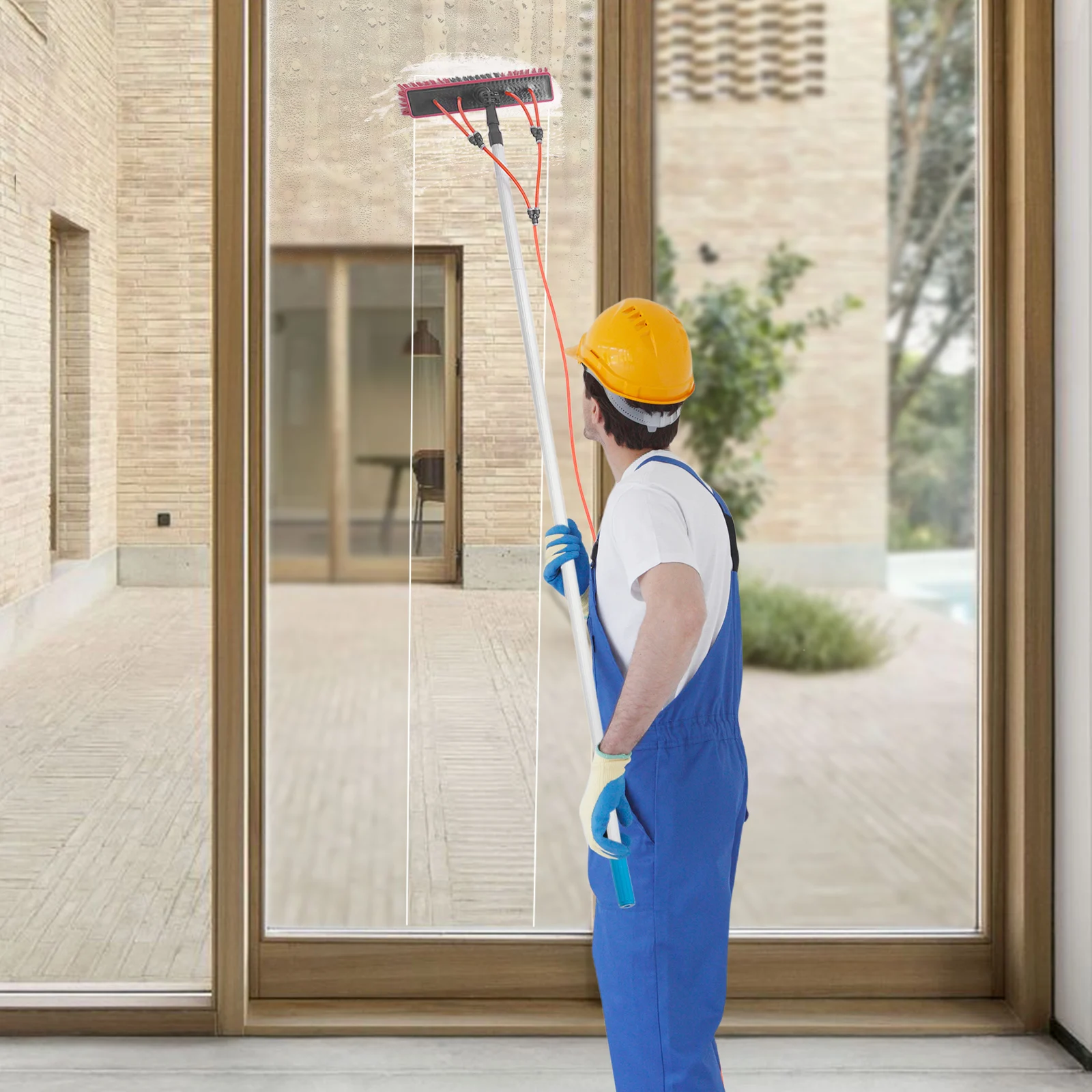 Pértiga de limpieza de ventanas con alimentación de agua, extensible hasta 7.4m, con cepillo y espátula, herramienta 3 en 1 para ventanas altas, paneles solares y vidrio