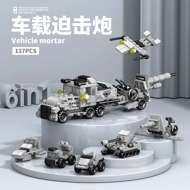 Cool DIY 6in1 Aircraft Carrier Helicopter Mortar Missile Armored Vehicle Building Blocks Kit Girls Bricks Movie Model Kids Toy