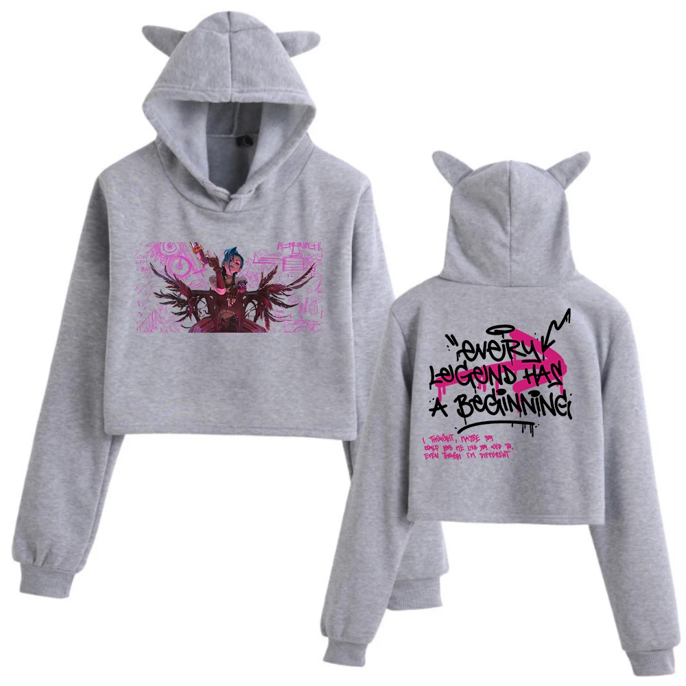 Arcane Jinx Graffiti Art Cat Ears Long Sleeve Crop Tops Girls Fashion Hoodie