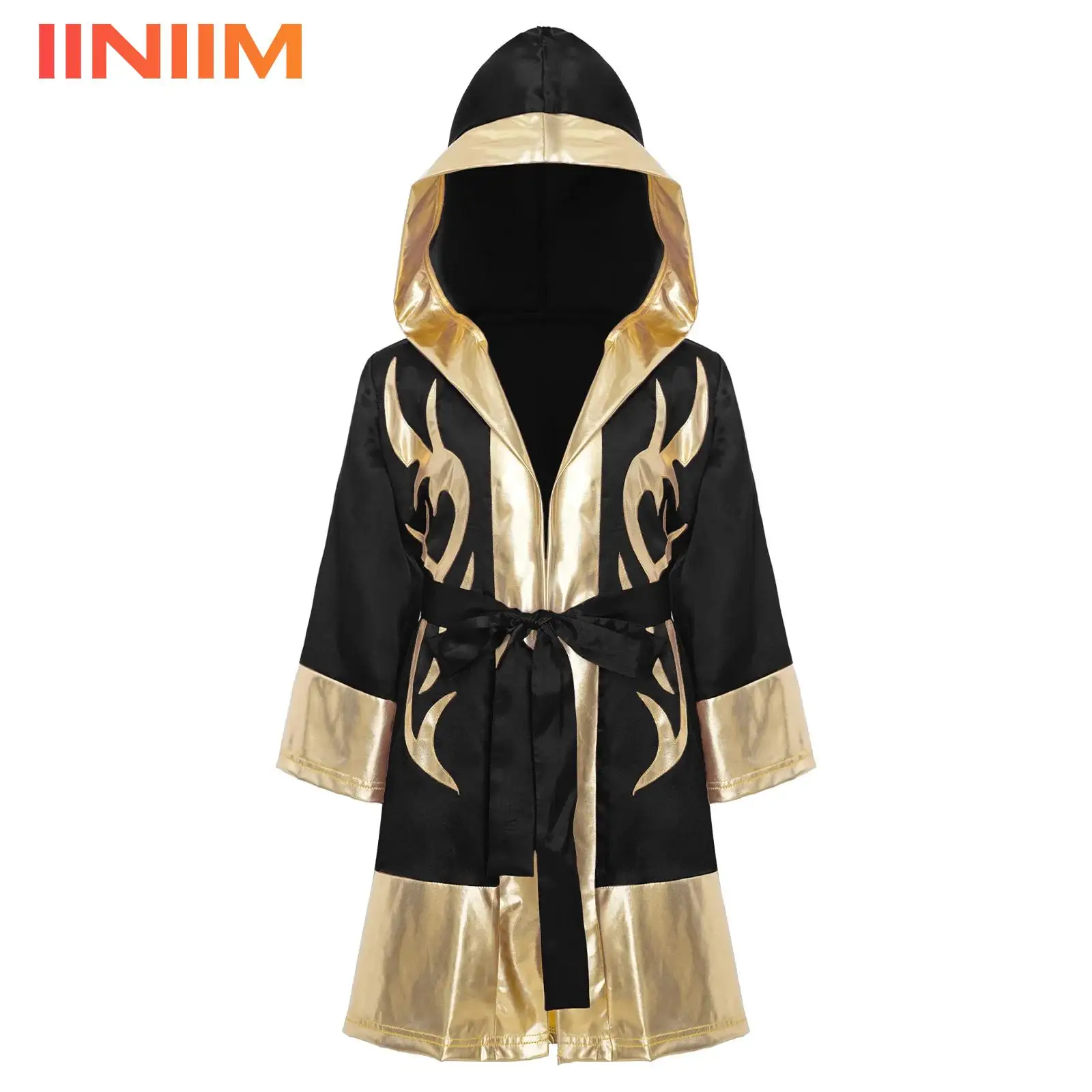

Kids Boys Halloween Metallic Boxing Training Fighting Costume Martial Arts Muay Thai Hooded Boxer Robe with Belt Boxing Uniform
