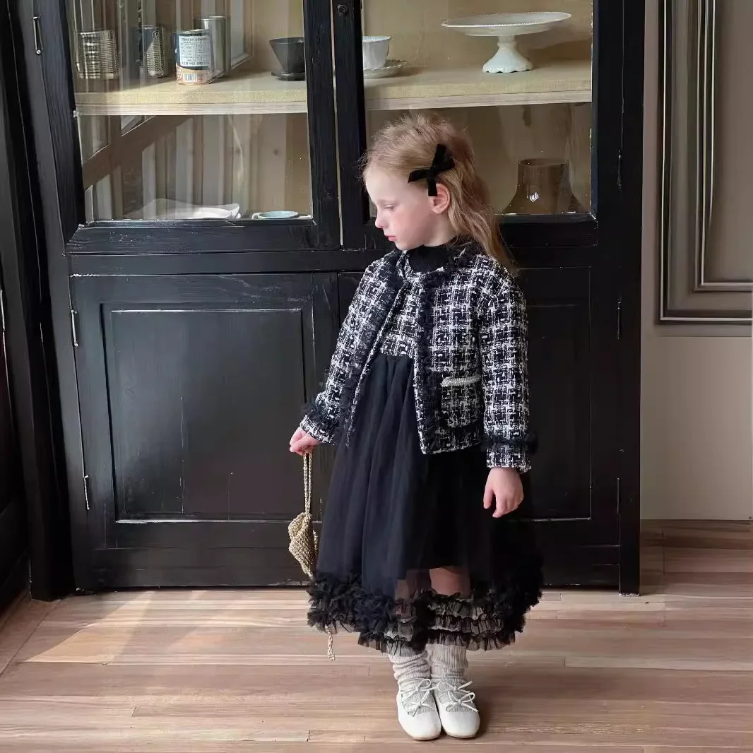 Girls Dress Set 2024 New Fashion Baby Celebrity Spring and Autumn Girl Korean Style Princess Dress and Coat Cardigan 2-piece Set