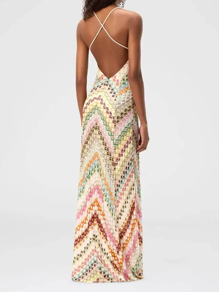 

Holiday Spaghetti Strap Simple Party Women Summer Printing Backless Sexy Maxi Dress, 2026 Deep V Neck Chic Ladies Dress