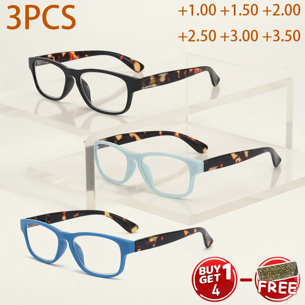 3-teilige Unisex-Lesebrille, langlebige Lesebrille mit quadratischem Rahmen und Federscharnier, stilvolles Schildkröten-/mehrfarbiges Design für verschiedene Bedürfnisse