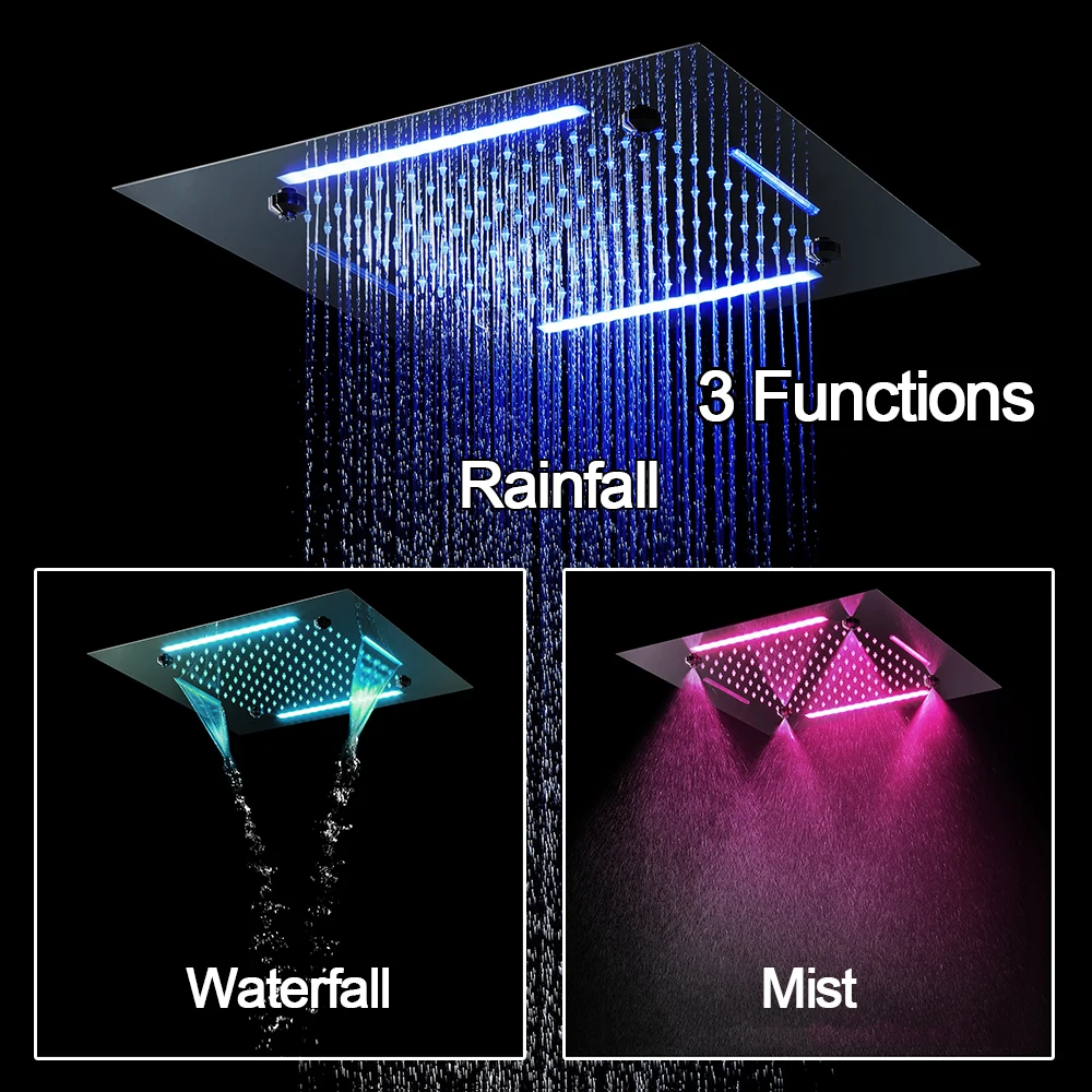 Qlonn Chrome 20 Inch Concealed Ceiling LED Rainfall Shower Set 5 Function Thermostatic Mixer Massage Body Jets Handheld Bathroom
