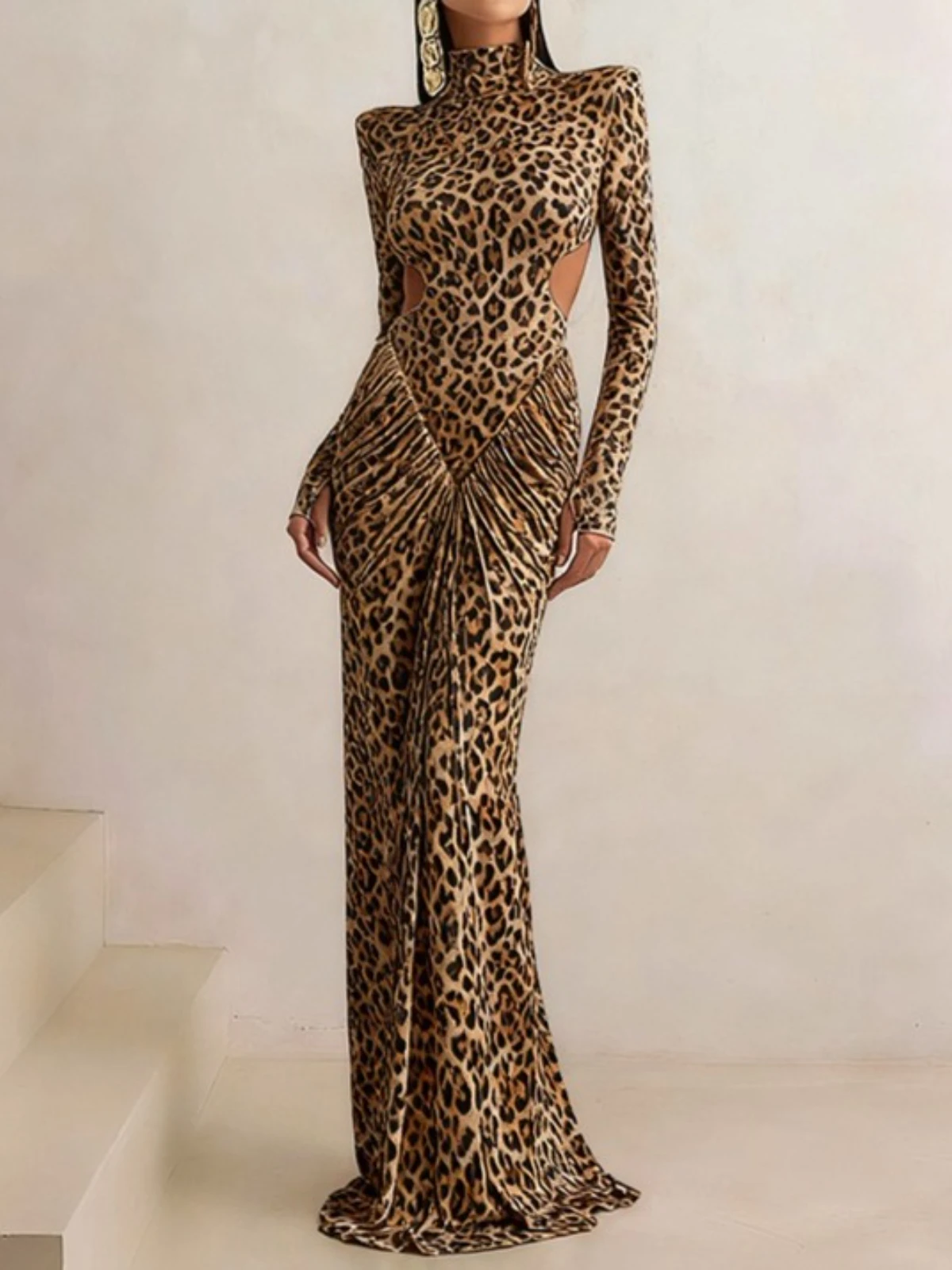 SsTss Women Elegant Leopard Print Maxi Dress 2025 New Fashion Turtleneck Long Sleeve Slim Ruched Bodycon Birthday Party Dresses