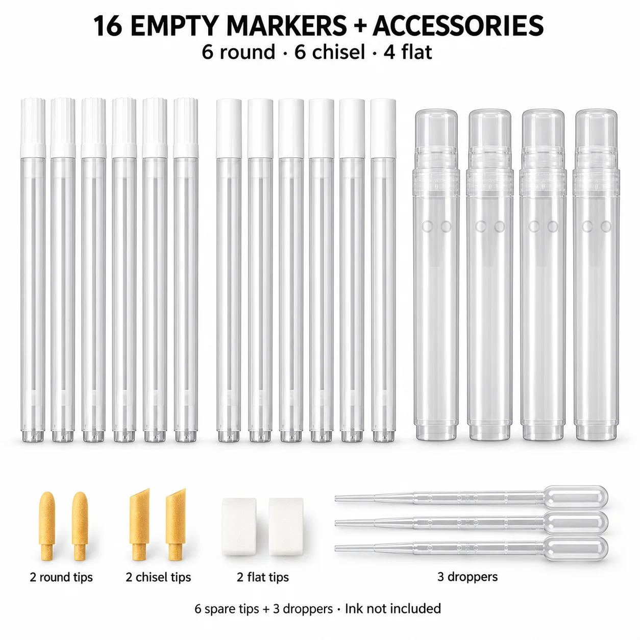 16 Empty Markers Kit: 6 Round, 6 Chisel, 4 Flat Bodies, 6 Spare Tips and 3 Droppers