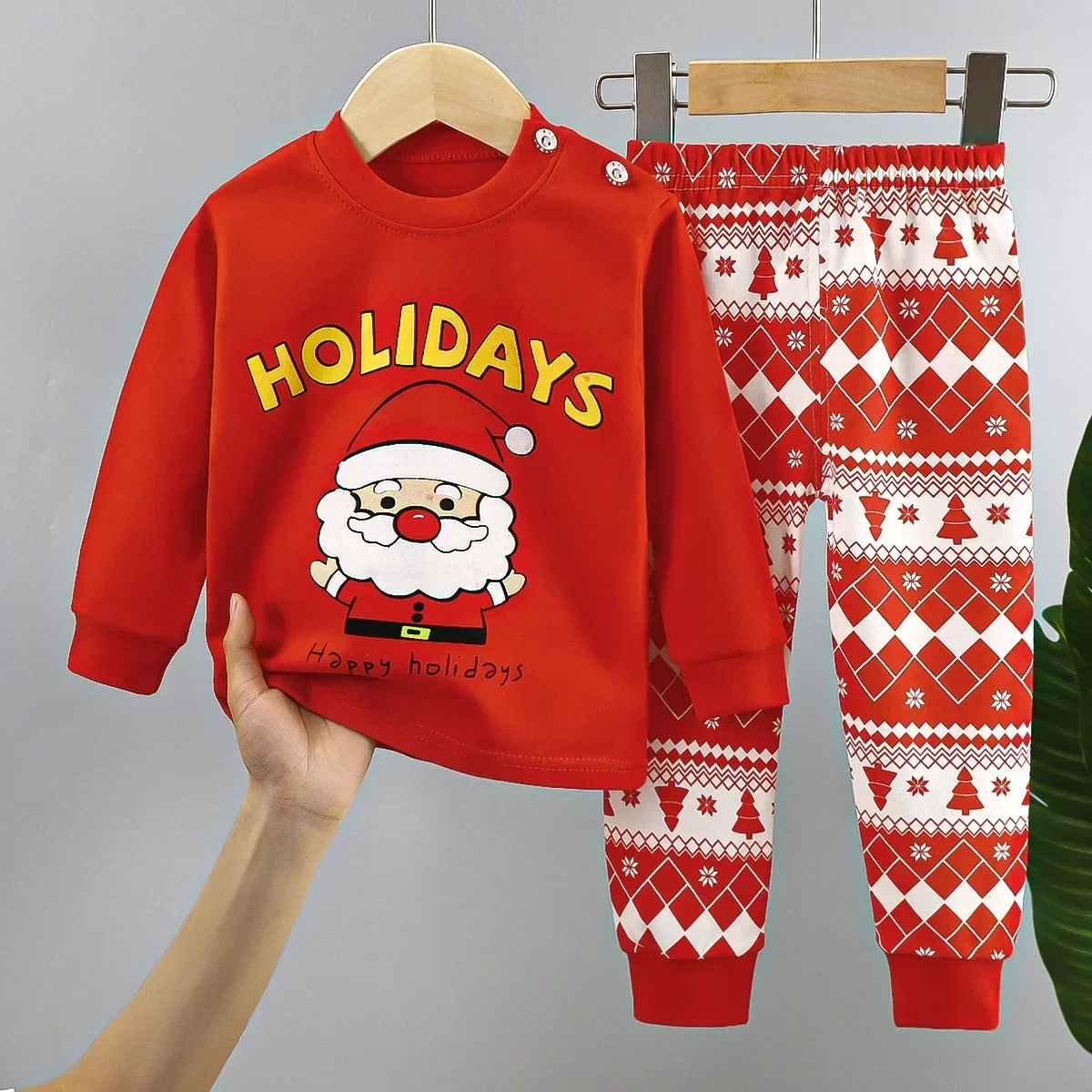 New Baby Boys Girls Christmas Warm Pajamas Kids Cartoon Xmas Print Long Sleeve Pyjamas Children\'s Autumn Sleepwear Clothing Sets