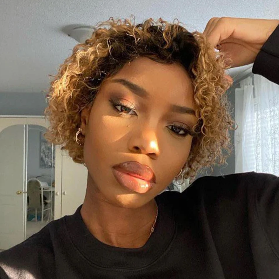 Curly Pixie Cut Wig Lace Human Hair Wig Water Wave Short Bob Wig 13X1 Transparent Lace Wig Wig Ombre Burgundy