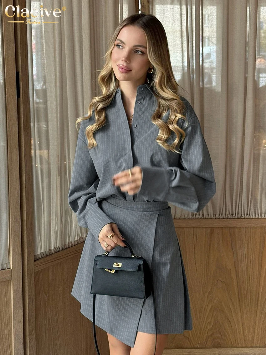 Clacive Fashion Loose Gray Stripe 2 Piece Sets Women Outfit 2025 Elegant Long Sleeve Shirt With High Waist Mini Skirt Set Female