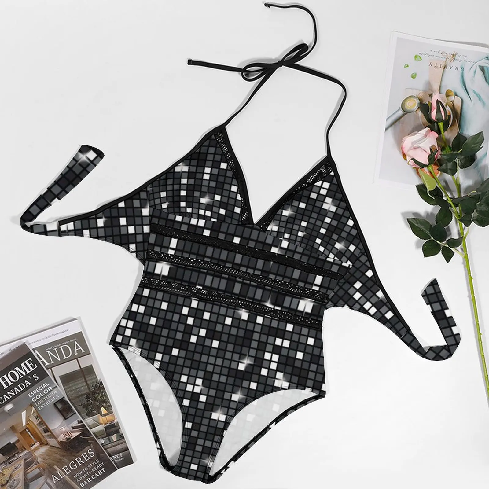 Black Diamond Disco Ball Glitter. Black Mesh Swimsuit One Piece Backless Swimwear Sexy Beach Wear Summer Bathing Suits Disco image 4