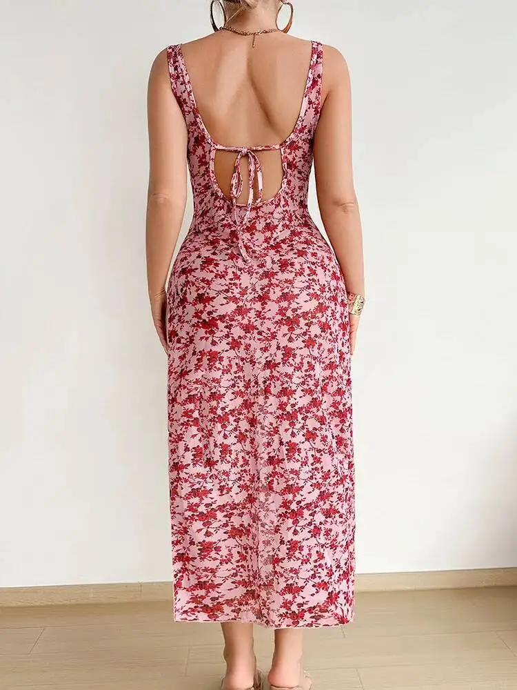Sexy Erotische Nachthemd Für Frauen Floral Strap Kleid Mit Schlitz Nachthemd Backless Rundhals Ärmelloses Langes Kleid Schöne Q6I7