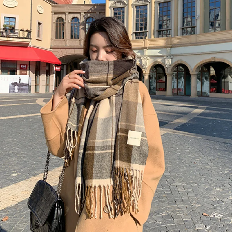 

Plaid Scarf Female Autumn Winter Ins Fashion Thickened Student Couple Scarf Faux Cashmere Warm Scarf Women Luxury