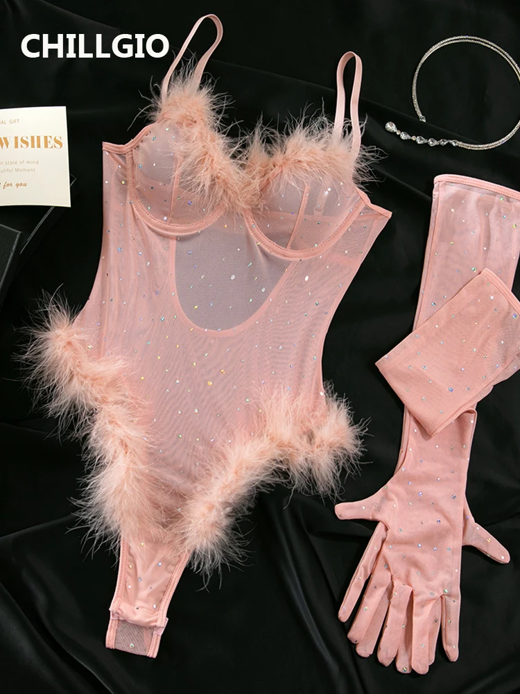 CHILLGIO Women Glitter Sequined Feather Mesh Bodysuit Push Up Underwire Onesie Transparent Gloves Sexy One Piece Strappy Rompers