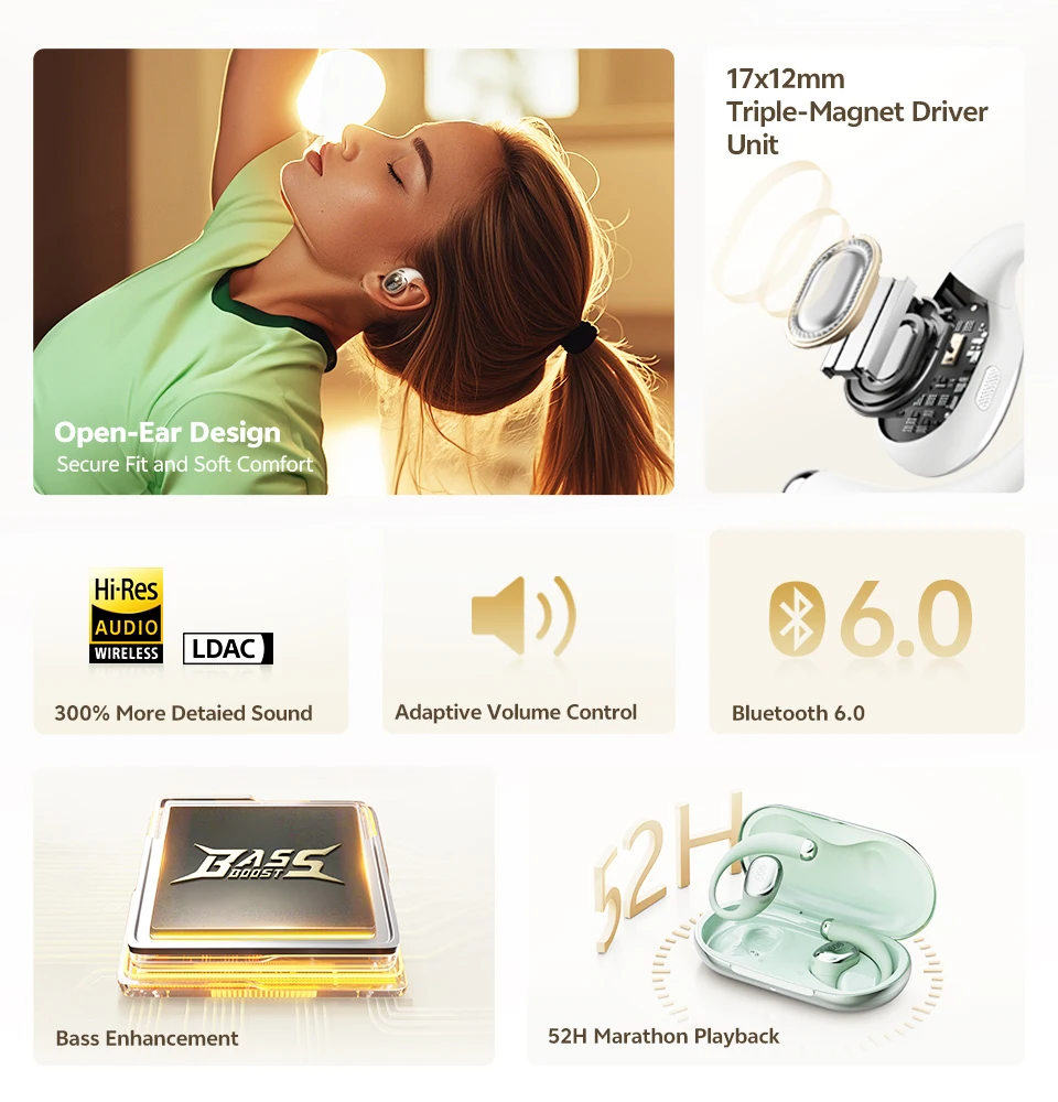 QCY Crossky R70 CT02 Open-Ear Sport Wireless-Kopfhörer Bluetooth 6.0 Hi-Res LDAC Ohrbügel Kopfhörer Drahtlose Lade-Ohrhörer 52 Stunden – Detail 2