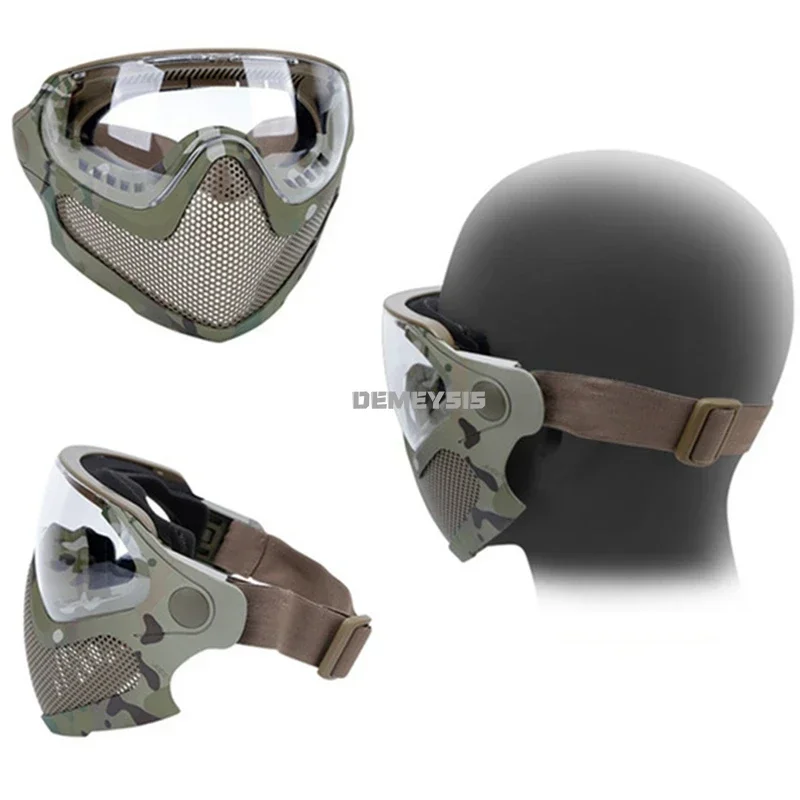 Tactical Mask with Steel Mesh Airsoft Paintball Full Face Mask Fits for Fast Helmet with Eye Protection Goggles 3 Lens