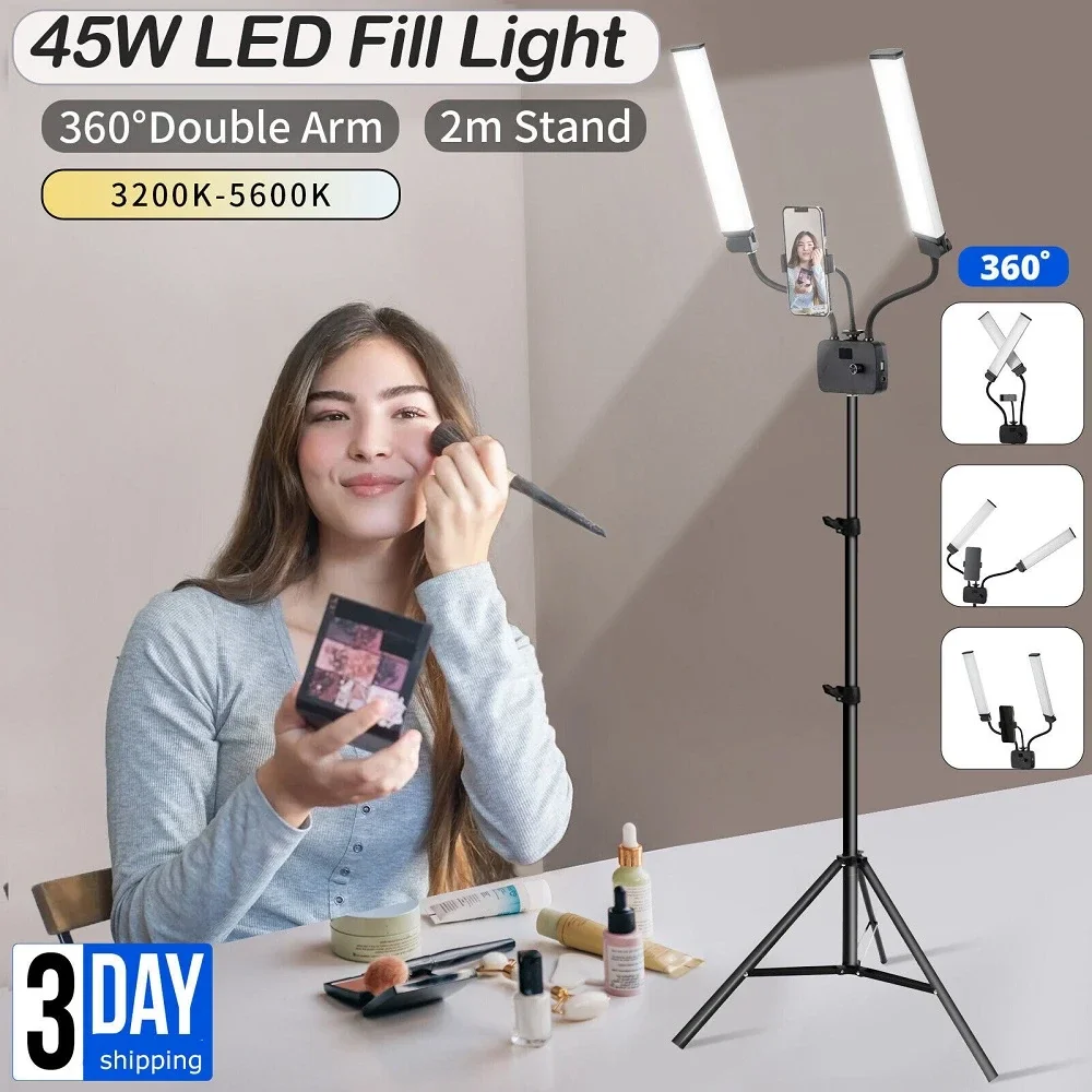 

Double Arms LED Photo Studio Selfie Light Bi-color Dimmable Lamp With Phone Tripod Stand Holder For Youtube Tiktok Live Makeup