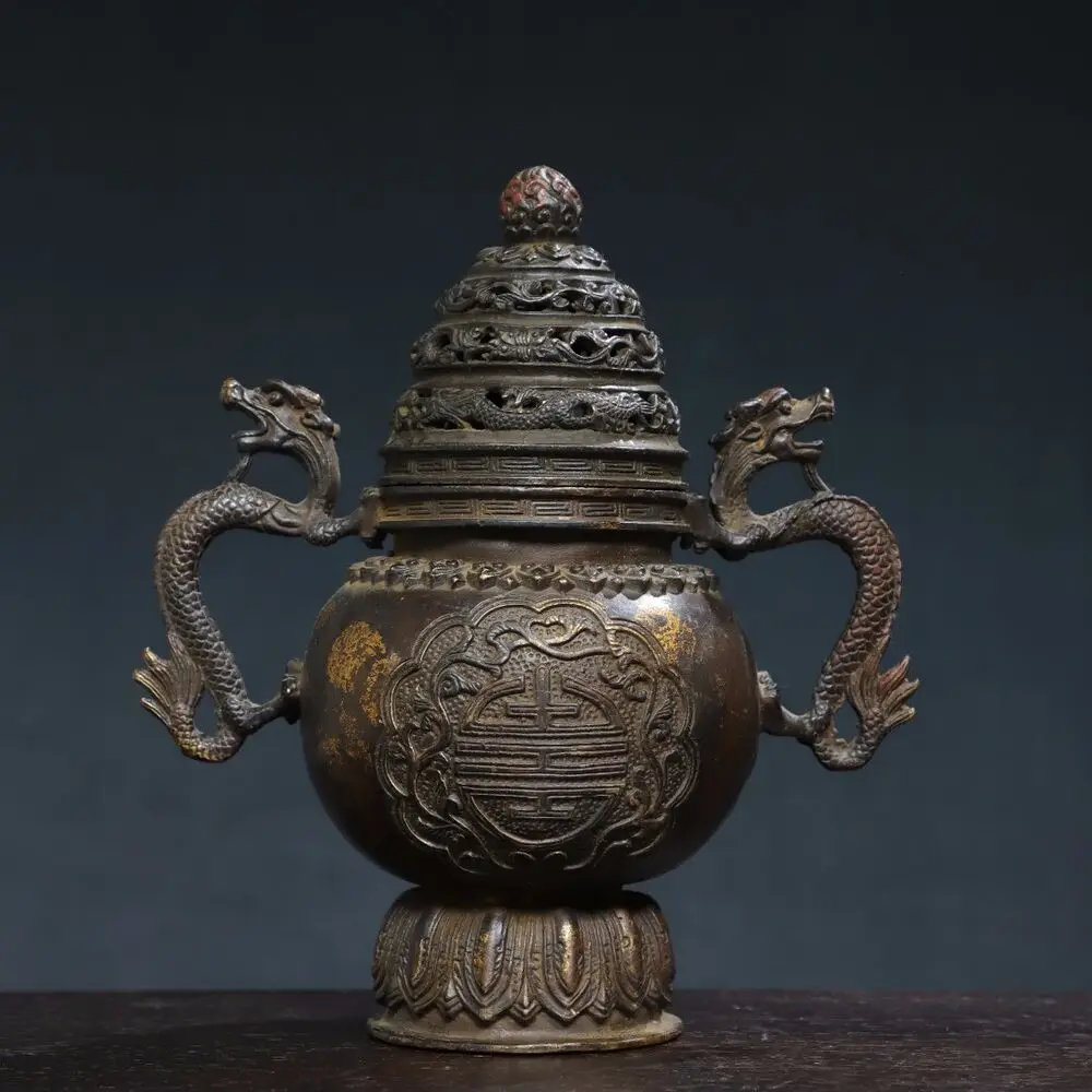 8.3 Inch Old Antique Qing Dynasty Bronze Qianlong Mark Double Dragon Incense Burner Censer