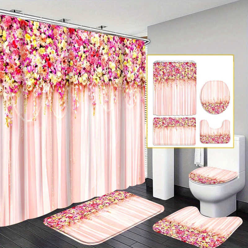 

4 шт., занавеска для душа с розовым цветком, современная занавеска для украшения ванной комнаты и коврик для унитаза, набор из 3 предметов с 12 заведенными для душа