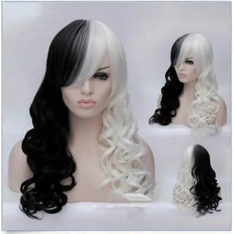 

Women Cruella Deville Cosplay Wig Bla White Synthetic Long Curly Wigs +Wig cap