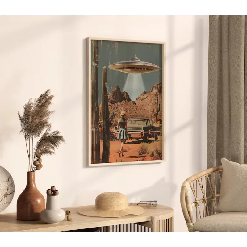 Surreal Cosmos Space UFO Sci Fi Poster Vintage Astronaut Alien Desert Canvas Painting Trendy Wall Art for Living Room Home Decor