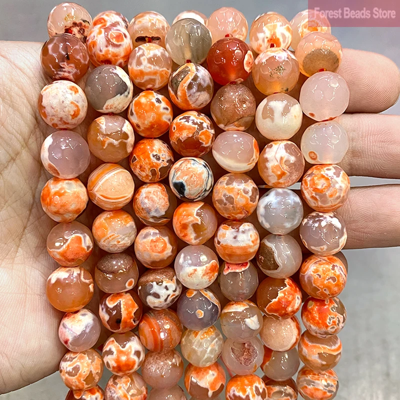 Natural Stone Light Orange Frost Cracked Fire Agates Beads Faceted Round Loose Beads for Charms Jewelry Making 15'' Strand 12mm